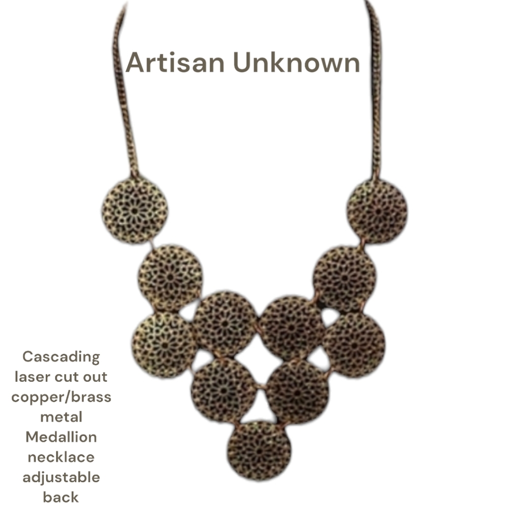 Cascading laser cut out copper brass tone Metal Medallions adjustable necklace